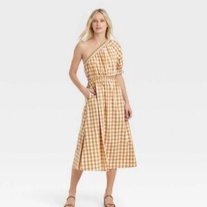 Yellow plaid one sleeve cut out summer midi dress